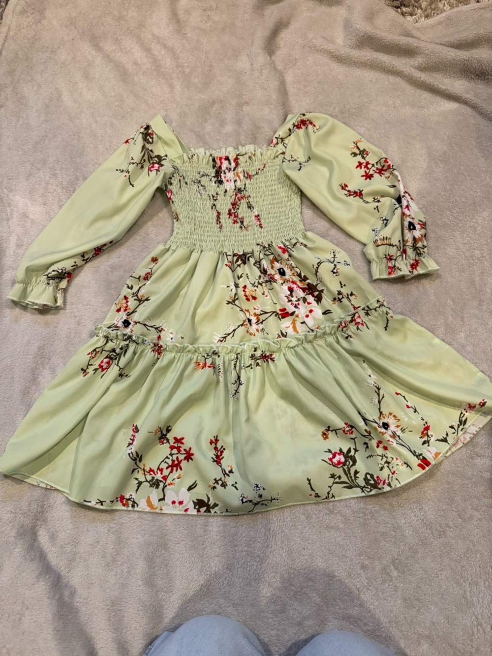 Smocked Floral Off-Shoulder Kids Dress in Light Green